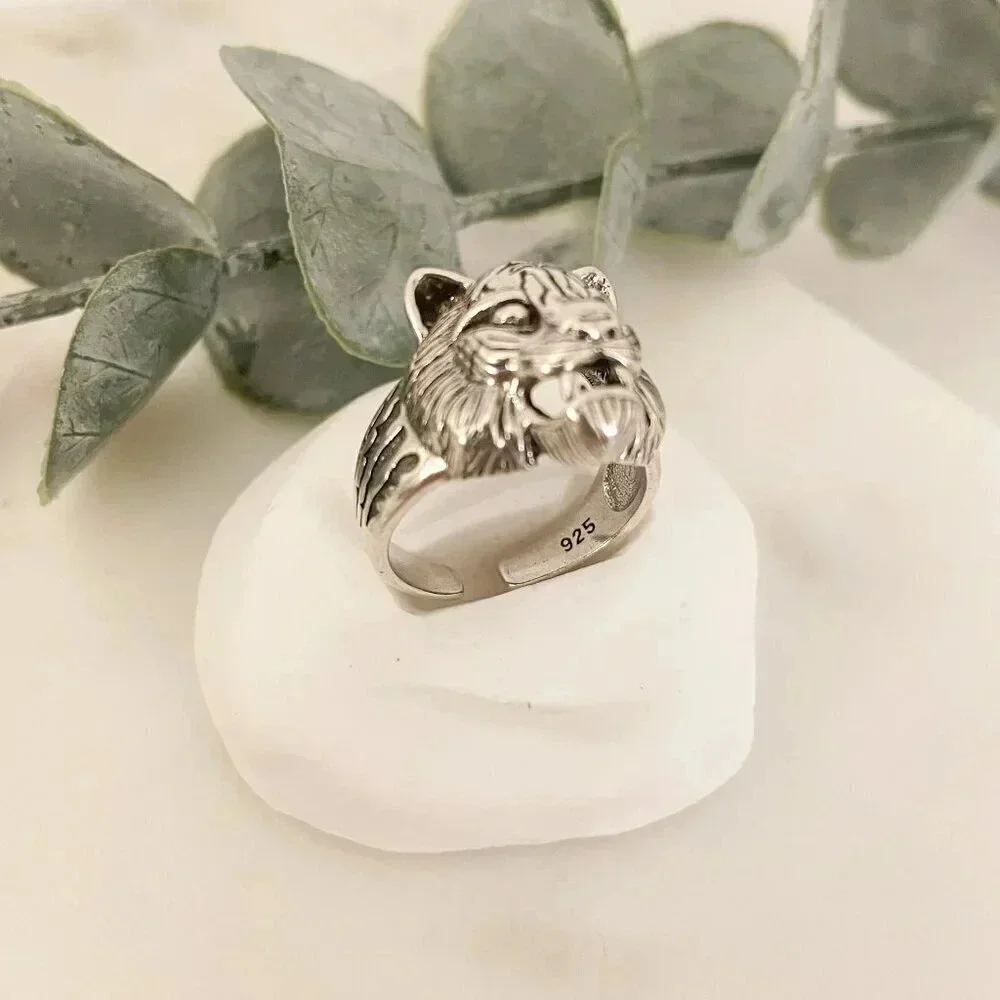 925 Sterling Silver Tiger Ring Unisex Cool Chunky Ring Bold Thick Ring